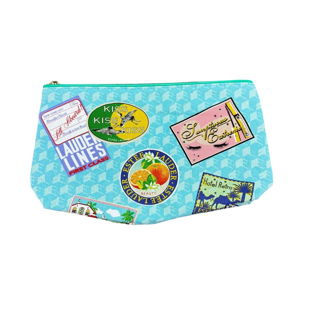Estée Lauder Cosmetic Makeup Bag Blue with Various Sticker like Designs‎ - Picture 2 of 7